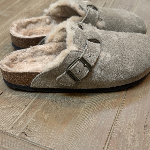 Birkenstock Boston Taupe Suede Shearling Lined Mule Clog 38 - Picture 5 of 11